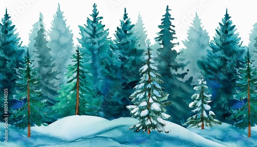seamless pattern with winter spruce forest watercolor painting isolated on white background © Lauren
