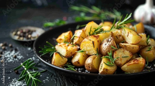 Crushed, smashed potatoes baked with rosemary and thyme on plate, Dark background
