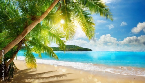 sunny tropical beach with palm leaves and paradise