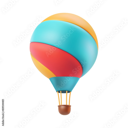 Hotair baloon romantic festival 3d vector illustration. Round bright sky travel aerostat. Gas inflated striped flight air balloon rising up. Cartoon dreamy adventure concept. Red blue yellow airship.