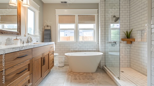 Spacious bathroom with a freestanding tub and glass shower  featuring wooden cabinets and white tile. 