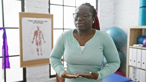 A serene woman with braids practicing meditation in a bright rehab clinic room. photo