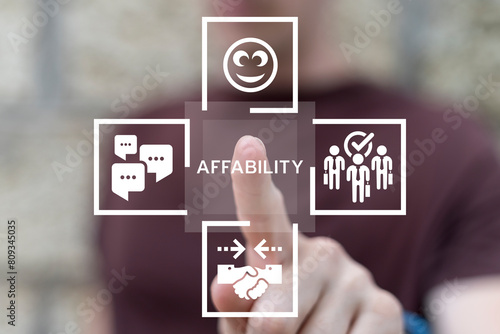 Man working on virtual touch screen presses word: AFFABILITY. Affability business conept. Soft skills and ethics.