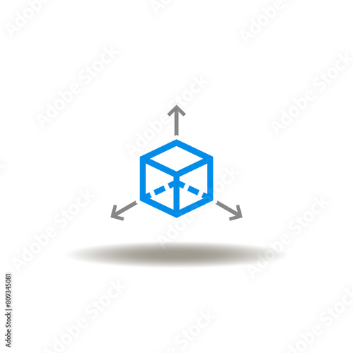Vector illustration of 3d cube and three axis with arrows. Icon of BIM Building Information Modeling.