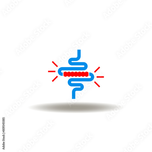 Vector illustration of intestine or bowel occlusion, obstruction, inflammation. Icon of ulcerative colitis. Symbol of diarrhea.