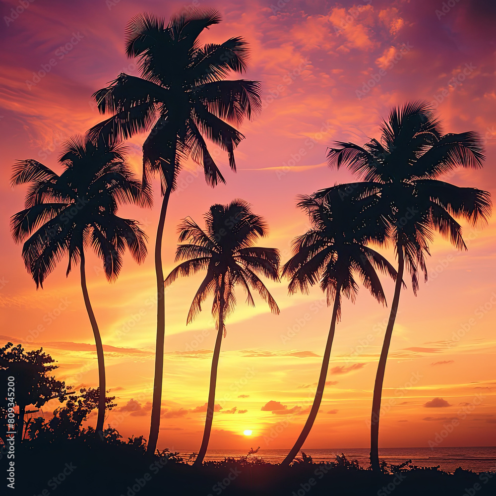 Tropical sunset coconut palm trees silhouettes, travel concept background