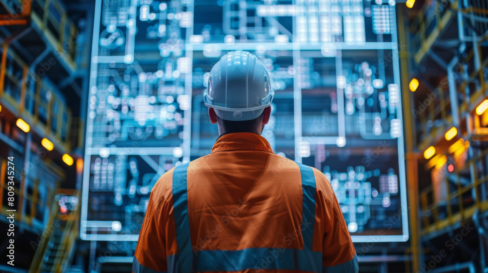A male worker in a reflective vest interacts with a futuristic digital interface in a high-tech warehouse. A male worker in a reflective vest interacts with a futuristic digital interface in a high-tech warehouse.