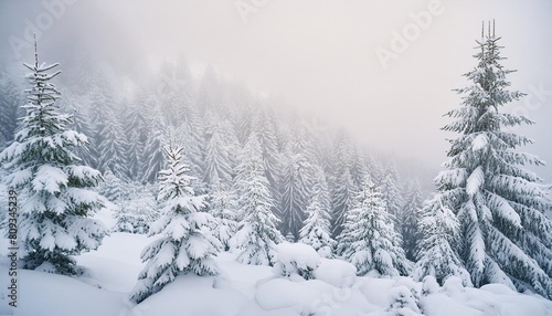 seasonal background with snow covered trees in a pale fog atmospheric winter woodland banner © Aedan