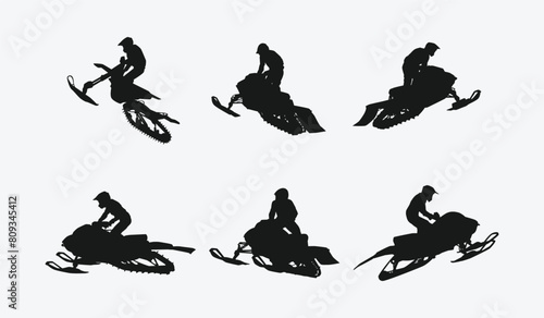snowmobile silhouette set. winter sports, racing. isolated on white background. graphic vector illustration.