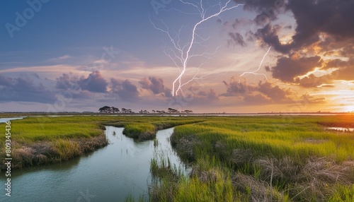 lightning in sky during sunset over wetlands