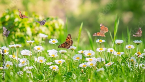 art beautiful spring nature background daisy flowers in green grass a blooming wild field meadow and butterflies flying above it wide format copy space