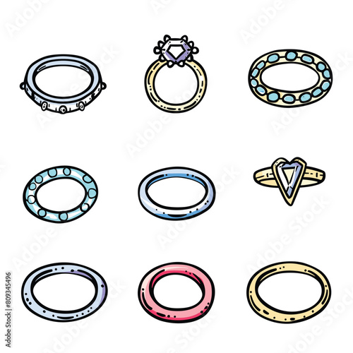 Collection colorful rings jewelry vector illustration isolated white background. Engagement ring precious gem, eternity band, simple wedding bands cartoon drawing. Fashion accessories variety