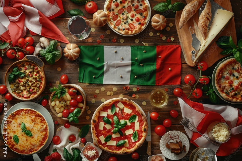 Fototapeta premium Republic Day Celebration in Italy with Waving Flag and Traditional Cuisine on Wooden Background
