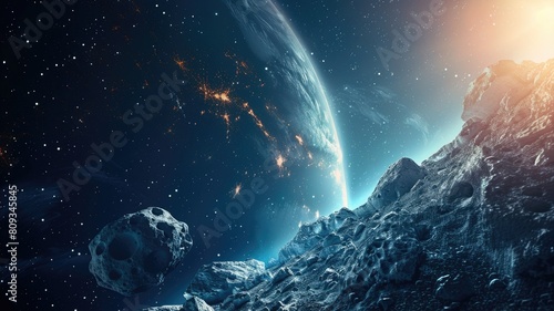 Stunning cosmic landscape featuring asteroid, planet, and stars