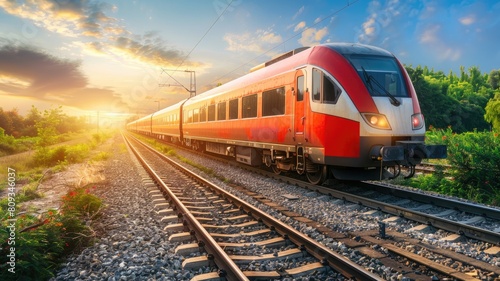 Red passenger train traveling on tracks at sunset with vibrant sky