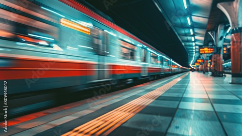 Blurred motion of train speeding through underground station