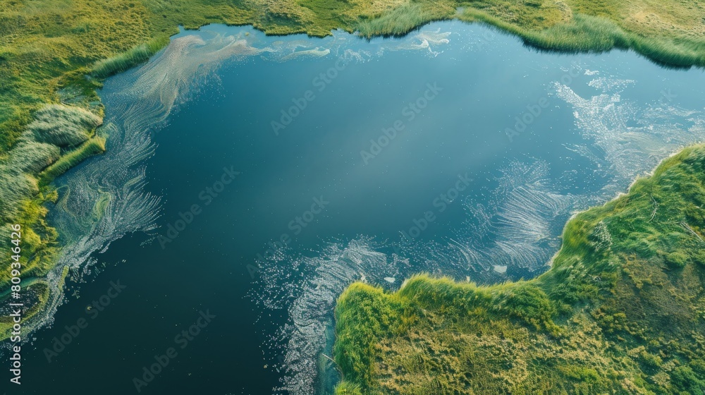 Wet Grassland Along Lake: Aerial Photography of Serene Waterfront Landscapes