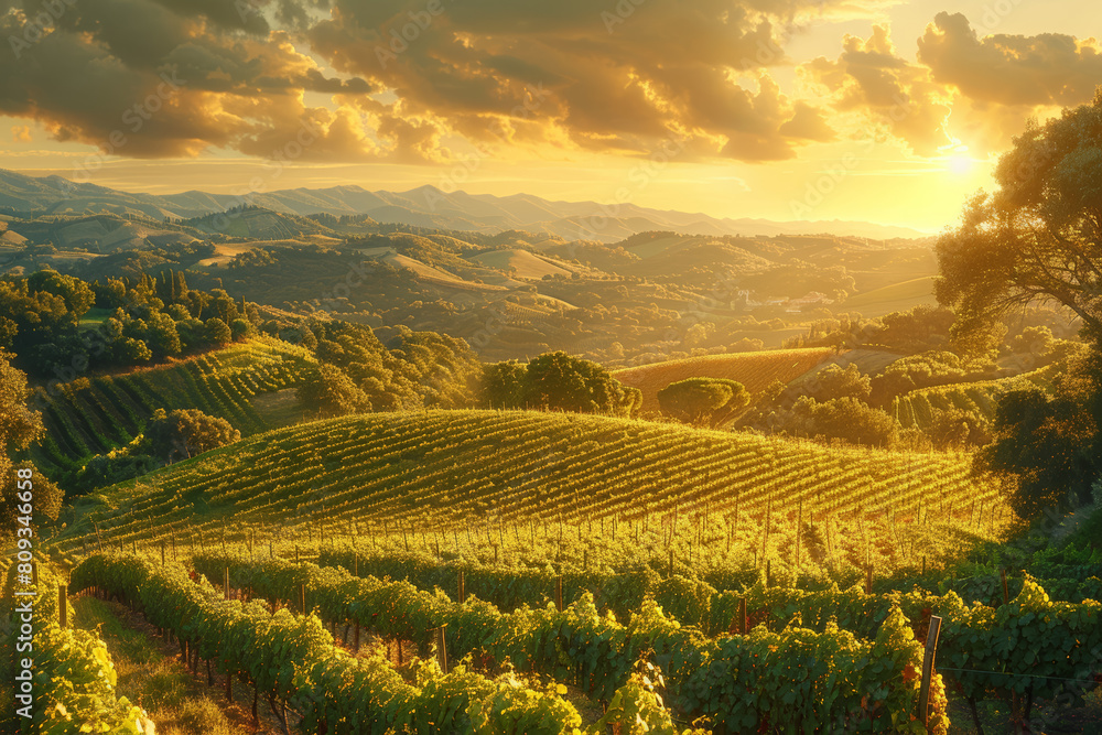 A picturesque vineyard bathed in golden sunlight, with rows of grapevines stretching across rolling hills. Concept of rustic beauty. Generative Ai.