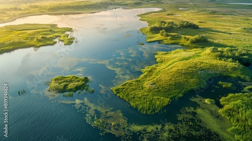 Wet Grassland Along Lake: Aerial Photography of Serene Waterfront Landscapes