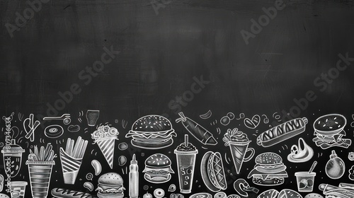 Chalkboard background featuring mouthwatering street food vendor icons photo