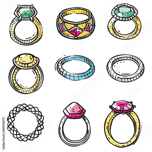 Collection colorful handdrawn engagement rings, various gemstones featured. Nine unique designs wedding jewelry, eclectic assortment, bright colors. Handcrafted ring illustrations, cartoonish style