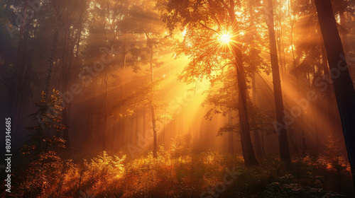 Sunlight breaks through the dense mist of a serene forest at dawn, casting golden rays.