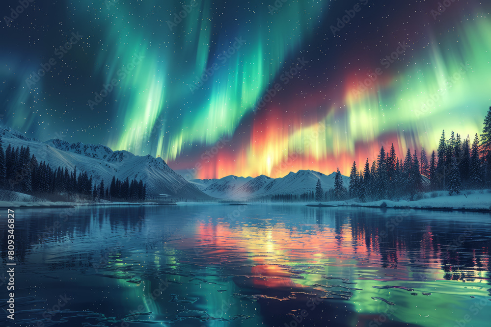 The mesmerizing dance of the Northern Lights painting the night sky with vibrant hues of green and purple. Concept of celestial beauty. Generative Ai. The mesmerizing dance of the Northern Lights painting the night sky with vibrant hues of green and purple. Concept of celestial beauty. Generative Ai.