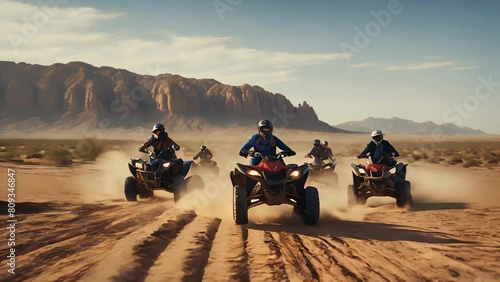 People with covered faces ride ATVs in the desert