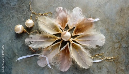 top view of complete ballet ensemble with tutu feathered bodice and pointe shoes arranged on stark concrete surface evoking sense of poised elegance photo