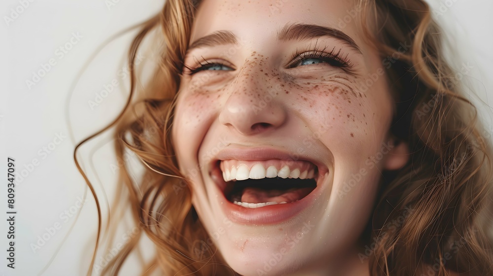 Woman portrait. Happiness. Beautiful blue eyed girl with freckles is looking away and laughing, on a white background Woman portrait. Happiness. Beautiful blue eyed girl with freckles is looking away and laughing, on a white background