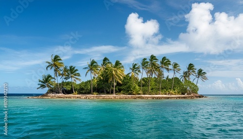 small tropical island with palm trees in a blue caribbean ocean isolated on a transparent background © Aedan