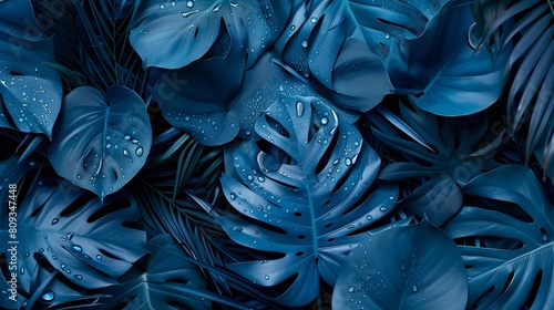 Wet Fresh tropical blue leaves background
