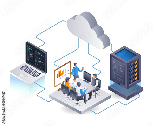Cloud data server security center team, infographic 3d illustration flat isometric