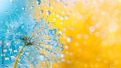 Water droplets and parachute dandelion flower on yellow blue background