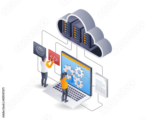 Cloud server hosting technology developer team, flat isometric 3d illustration infographic