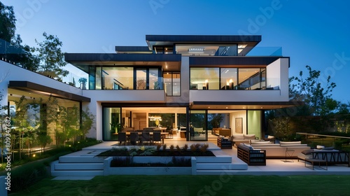 View of luxurious modern house exterior with dining space and garden © PSCL RDL