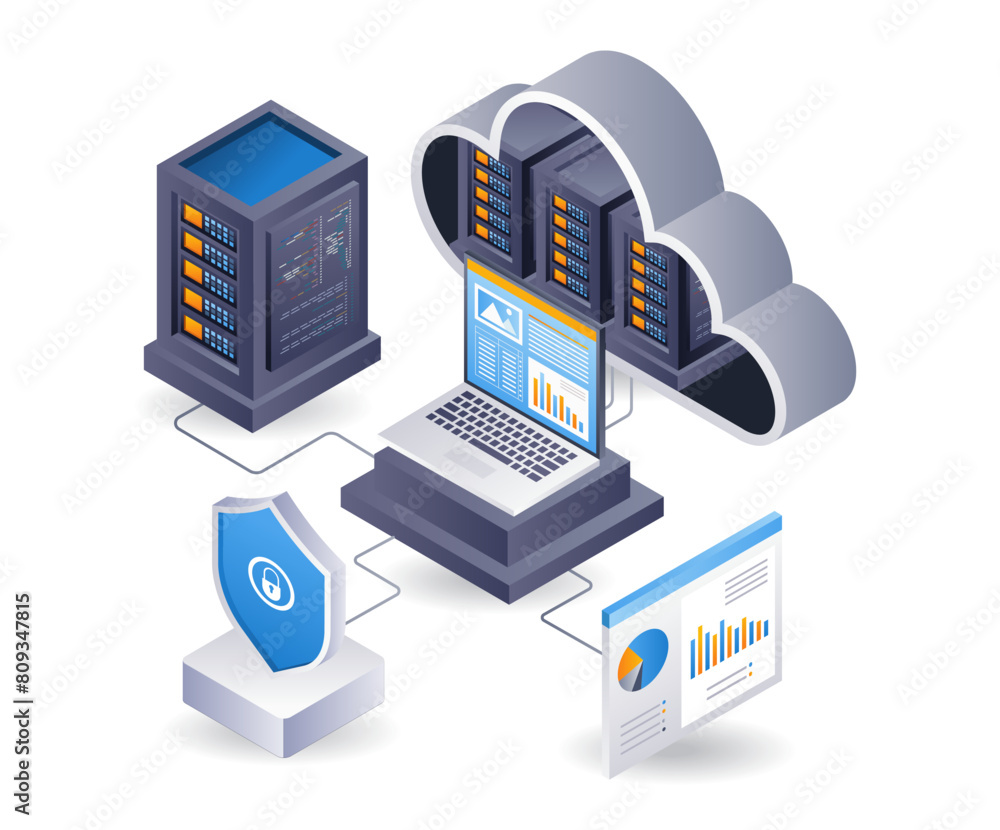 Cloud server computer data analyst, infographic 3d flat isometric illustration Cloud server computer data analyst, infographic 3d flat isometric illustration