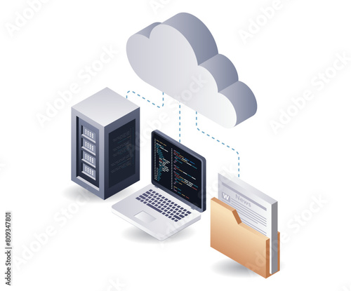 Cloud server computer programming language, isometric flat 3d illustration infographic