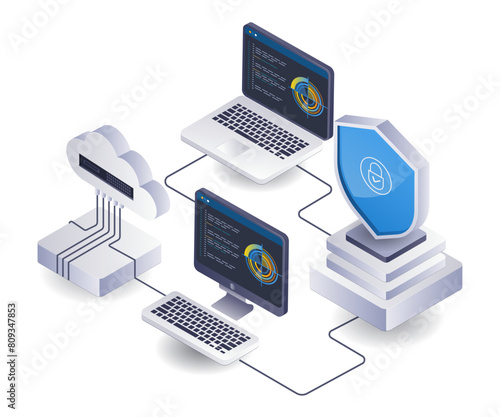 Cloud server computer analyst infographic 3d illustration flat isometric