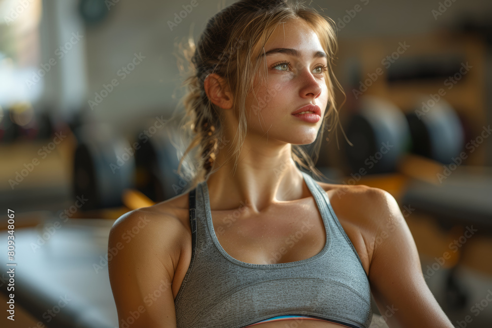 A woman practicing Pilates exercises on a reformer machine, focusing on core strength and alignment. Concept of Pilates workout. Generative Ai.