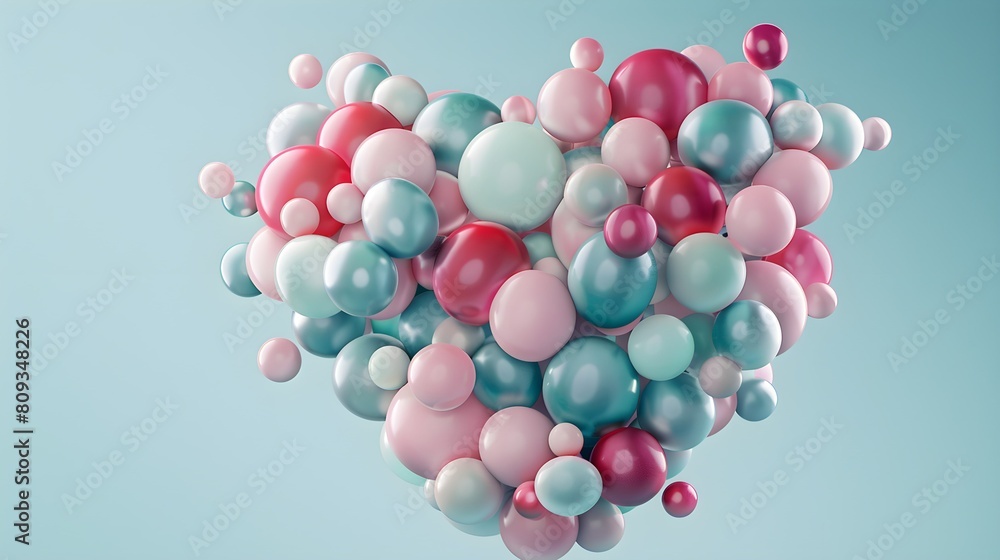 Three dimensional render of floating heart made of pastel colored spheres Three dimensional render of floating heart made of pastel colored spheres