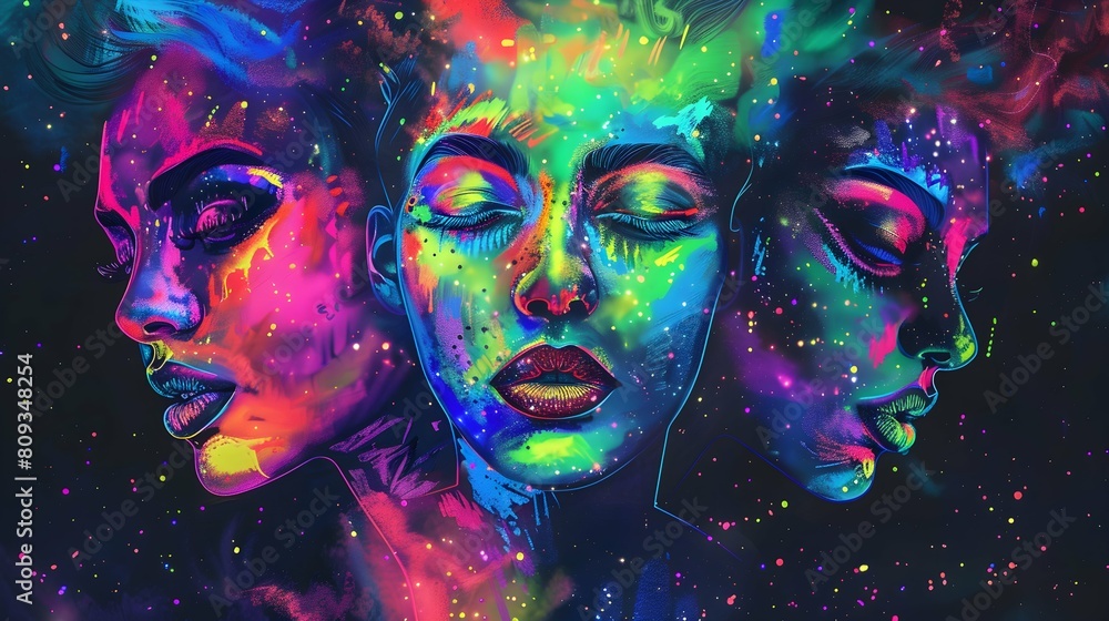 Three colorful faces with painted features and neon hair vividly stand out against the cosmic-like dark background 