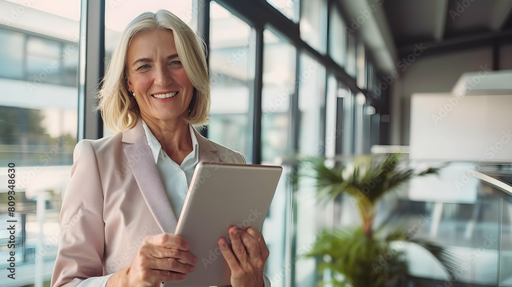 Smiling mature professional business woman using tablet standing in office. Busy middle aged businesswoman manager, older female executive leader holding pad digital tablet at work, looking at pad Smiling mature professional business woman using tablet standing in office. Busy middle aged businesswoman manager, older female executive leader holding pad digital tablet at work, looking at pad