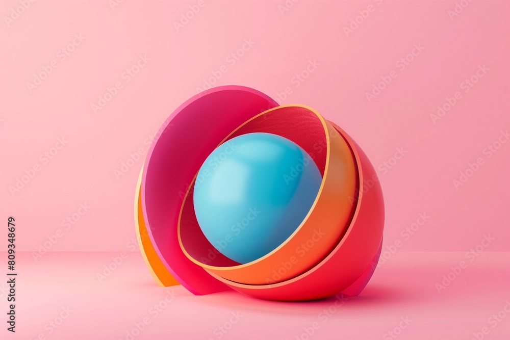 Obraz premium 3d minimal motion design, ball hidden inside colorful hemispheres, layers opening. Simple geometric objects, primitive shapes isolated on pink background. Live image, modern animated poster.