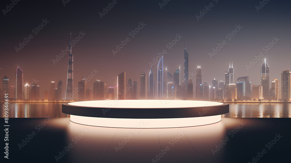 Fototapeta premium Minimalist circular podium with city night skyline as background