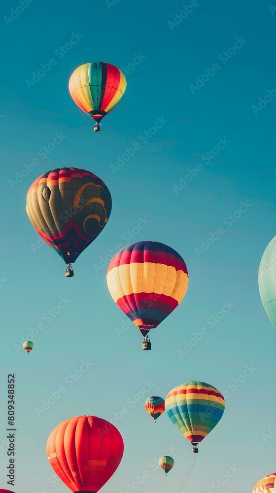 Several colorful hot air balloons drift through the sky, creating a vibrant scene against the blue backdrop Several colorful hot air balloons drift through the sky, creating a vibrant scene against the blue backdrop