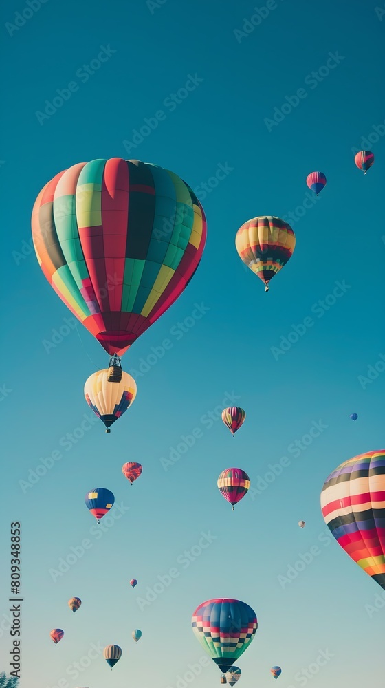 Several colorful hot air balloons drift through the sky, creating a vibrant scene against the blue backdrop Several colorful hot air balloons drift through the sky, creating a vibrant scene against the blue backdrop