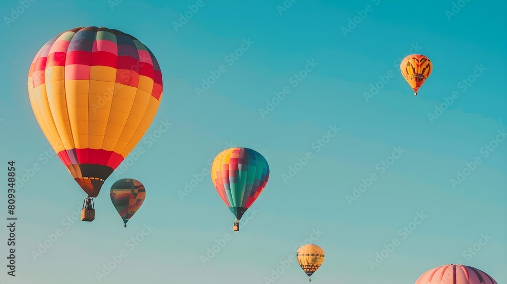 Several colorful hot air balloons drift through the sky, creating a vibrant scene against the blue backdrop Several colorful hot air balloons drift through the sky, creating a vibrant scene against the blue backdrop