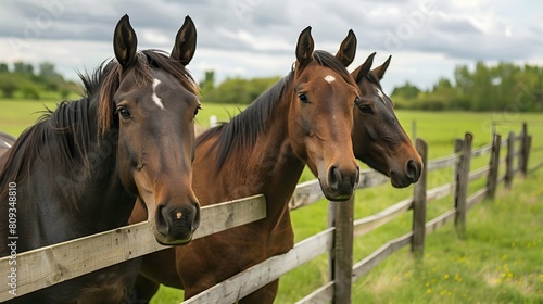 Several horses standing closely together behind a sturdy wooden fence in a grassy field