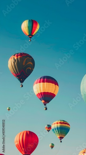 Several colorful hot air balloons drift through the sky, creating a vibrant scene against the blue backdrop